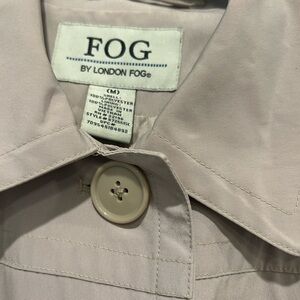 Women’s tan, FOG trenchcoat with detachable hood and belt. Size Medium.